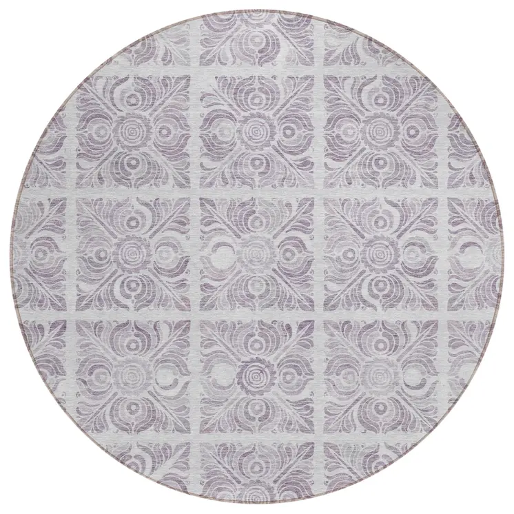 8' Lavender And Silver Round Medallion Washable Indoor Outdoor Area Rug