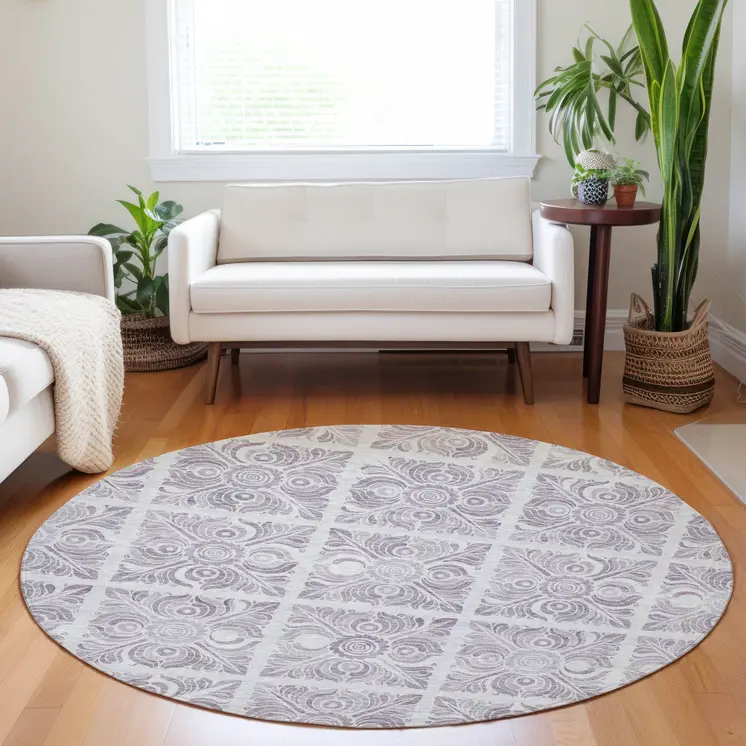 8' Lavender And Silver Round Medallion Washable Indoor Outdoor Area Rug
