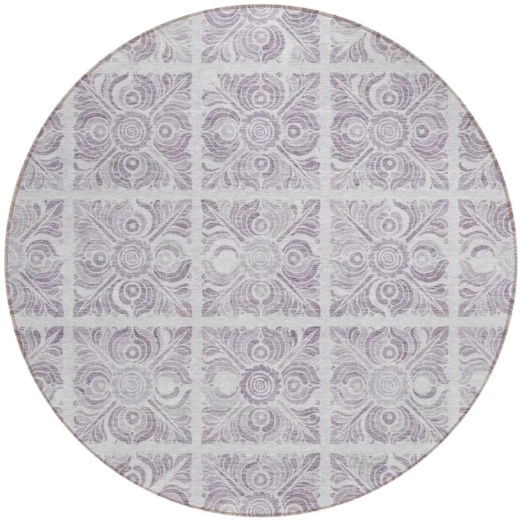 8' Lavender And Silver Round Medallion Washable Indoor Outdoor Area Rug