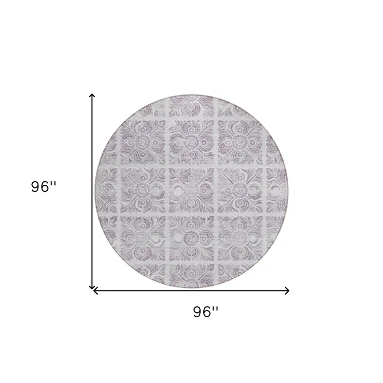 8' Lavender And Silver Round Medallion Washable Indoor Outdoor Area Rug