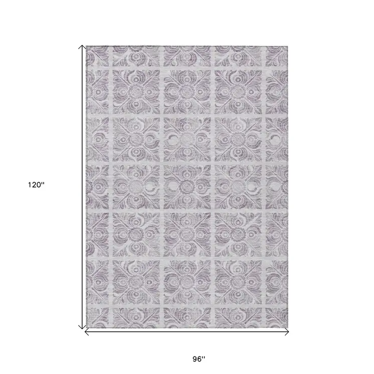 8' X 10' Lavender And Silver Medallion Washable Indoor Outdoor Area Rug