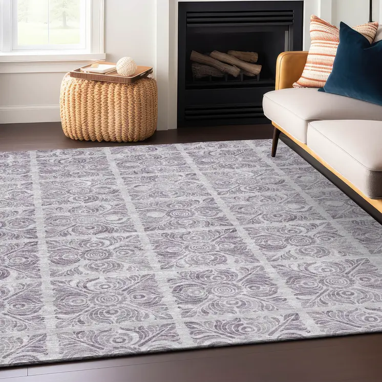 8' X 10' Lavender And Silver Medallion Washable Indoor Outdoor Area Rug