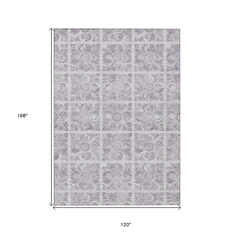 10' X 14' Lavender And Silver Medallion Washable Indoor Outdoor Area Rug