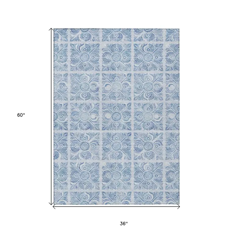 3' X 5' Sky Blue And Denim Blue Medallion Washable Indoor Outdoor Area Rug