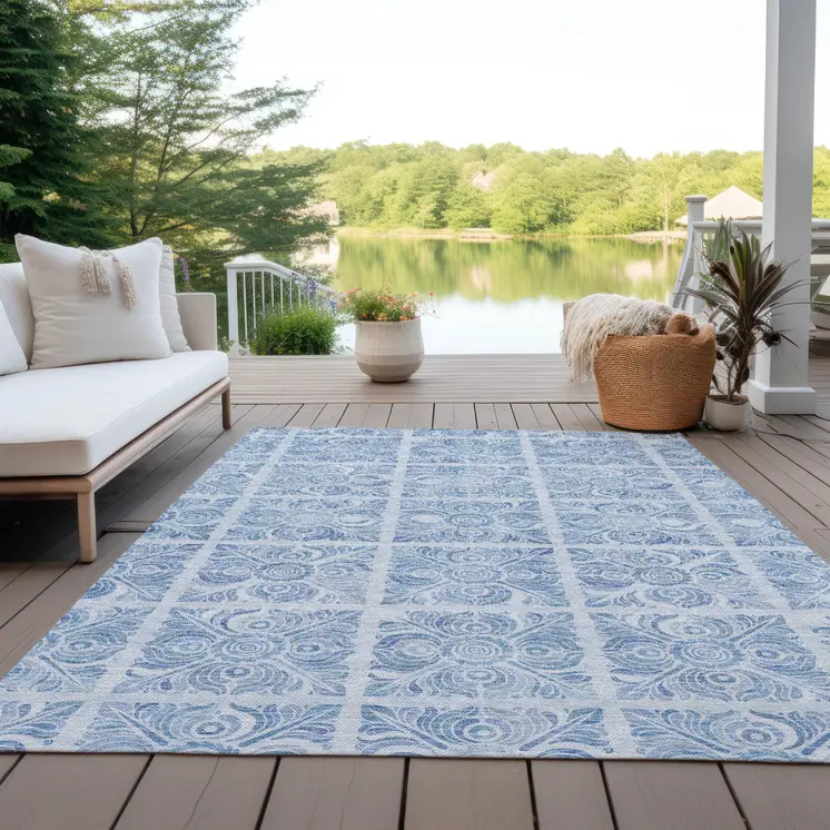 3' X 5' Sky Blue And Denim Blue Medallion Washable Indoor Outdoor Area Rug