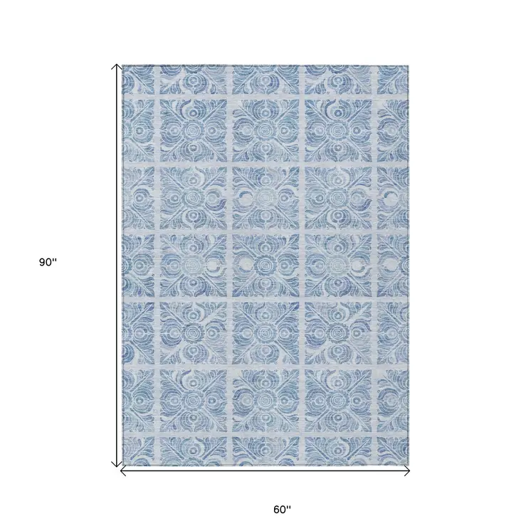 5' X 8' Sky Blue And Denim Blue Medallion Washable Indoor Outdoor Area Rug