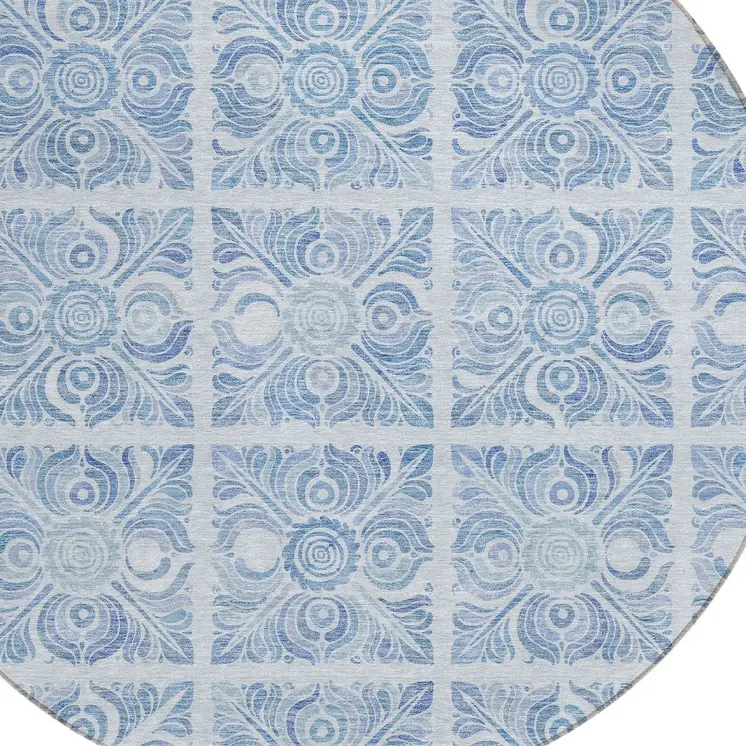 8' Sky Blue And Denim Blue Round Medallion Washable Indoor Outdoor Area Rug