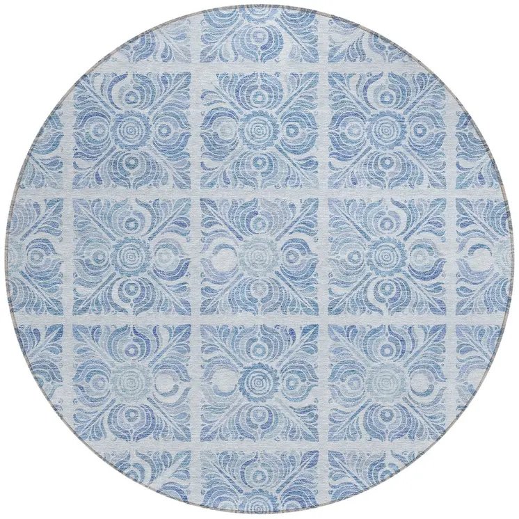 8' Sky Blue And Denim Blue Round Medallion Washable Indoor Outdoor Area Rug
