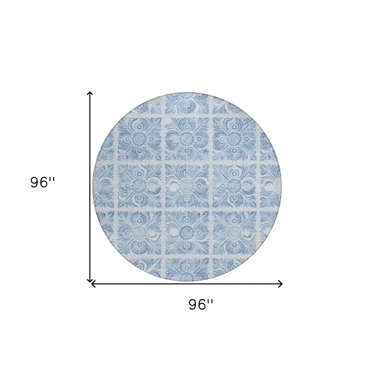 8' Sky Blue And Denim Blue Round Medallion Washable Indoor Outdoor Area Rug