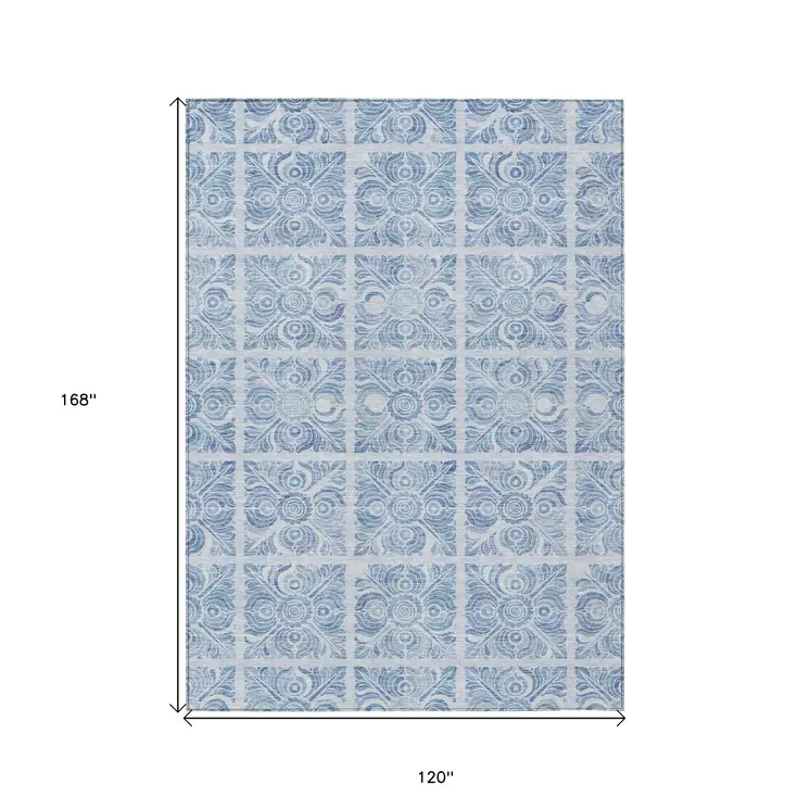 10' X 14' Sky Blue And Denim Blue Medallion Washable Indoor Outdoor Area Rug