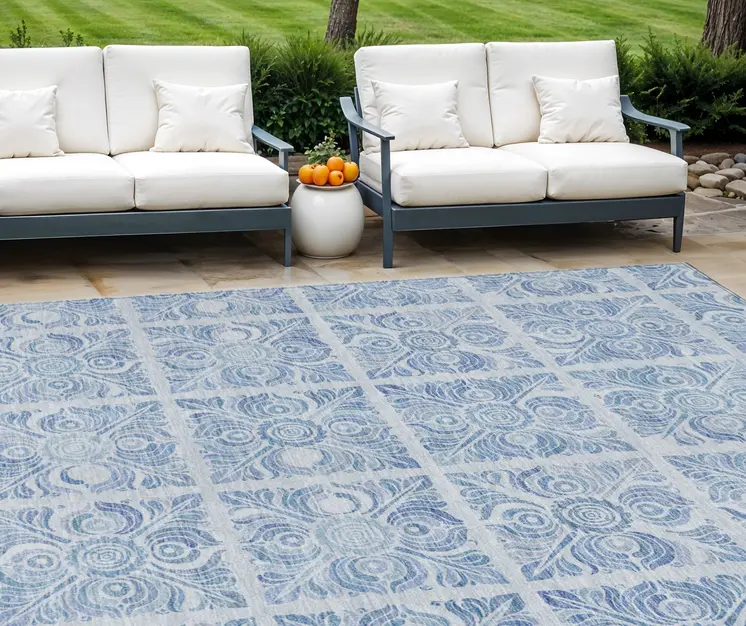 10' X 14' Sky Blue And Denim Blue Medallion Washable Indoor Outdoor Area Rug