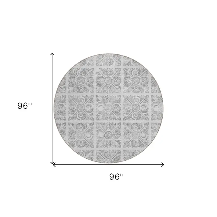 8' Silver And Gray Round Medallion Washable Indoor Outdoor Area Rug