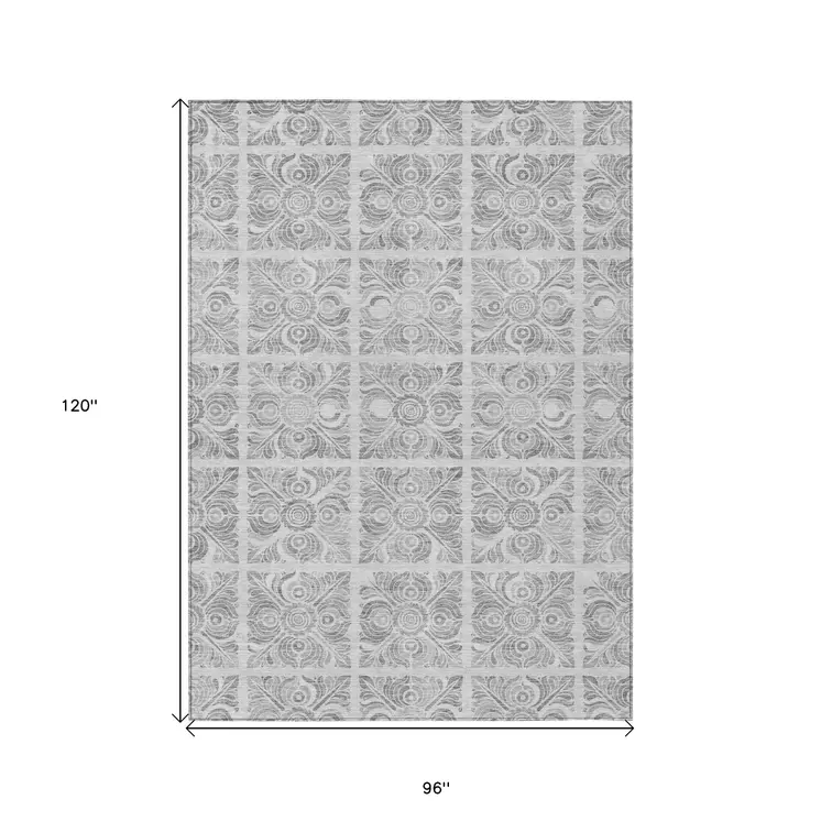 8' X 10' Silver And Gray Medallion Washable Indoor Outdoor Area Rug
