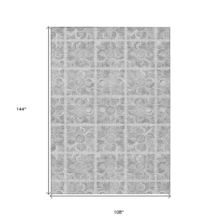9' X 12' Silver And Gray Medallion Washable Indoor Outdoor Area Rug