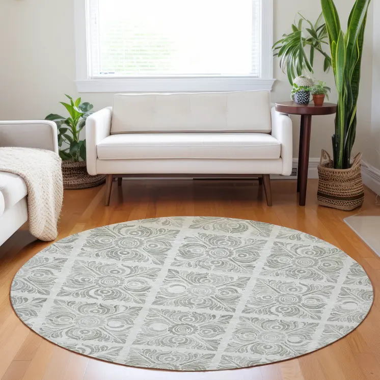 8' Taupe Beige And Tan Round Medallion Washable Indoor Outdoor Area Rug