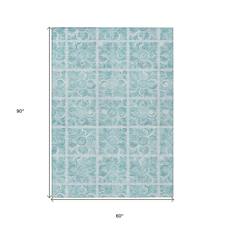 5' X 8' Turquoise And Teal Blue Medallion Washable Indoor Outdoor Area Rug