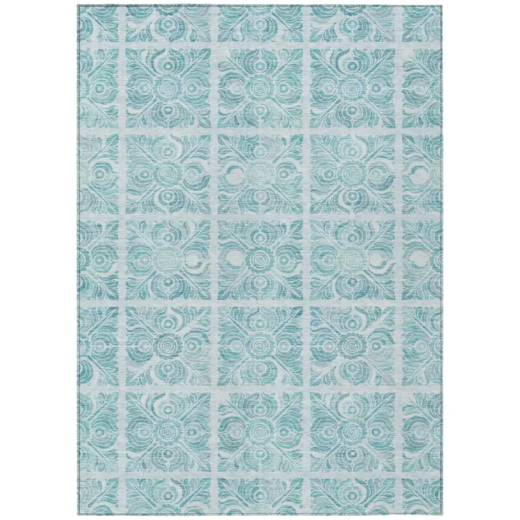 5' X 8' Turquoise And Teal Blue Medallion Washable Indoor Outdoor Area Rug