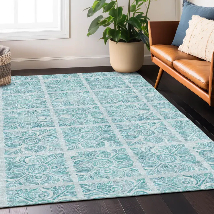 5' X 8' Turquoise And Teal Blue Medallion Washable Indoor Outdoor Area Rug