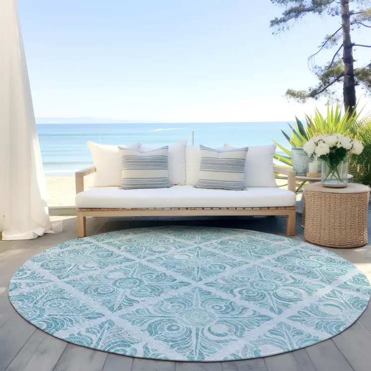8' Turquoise And Teal Blue Round Medallion Washable Indoor Outdoor Area Rug