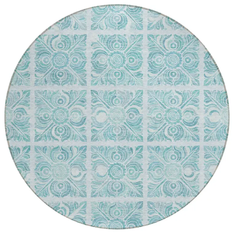 8' Turquoise And Teal Blue Round Medallion Washable Indoor Outdoor Area Rug
