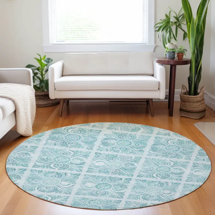 8' Turquoise And Teal Blue Round Medallion Washable Indoor Outdoor Area Rug