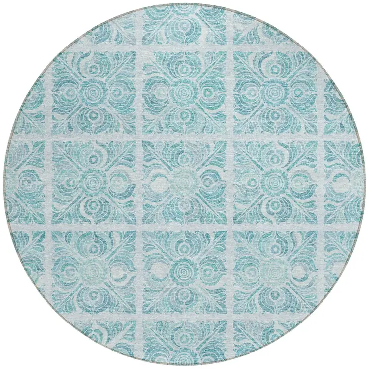 8' Turquoise And Teal Blue Round Medallion Washable Indoor Outdoor Area Rug