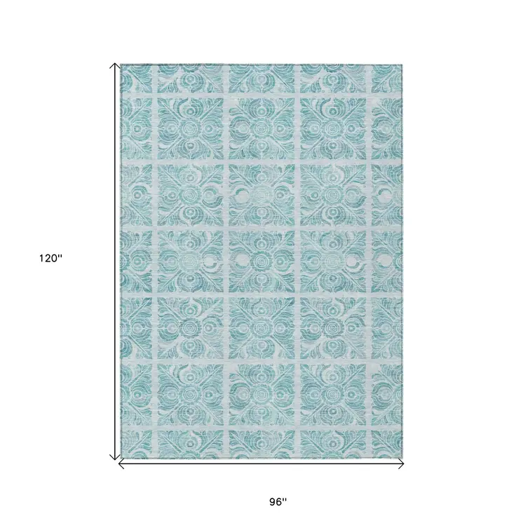 8' X 10' Turquoise And Teal Blue Medallion Washable Indoor Outdoor Area Rug