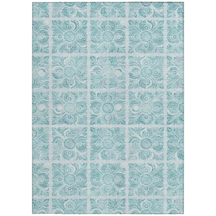 9' X 12' Turquoise And Teal Blue Medallion Washable Indoor Outdoor Area Rug