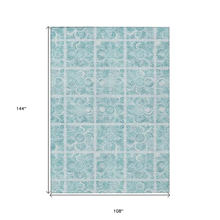 9' X 12' Turquoise And Teal Blue Medallion Washable Indoor Outdoor Area Rug