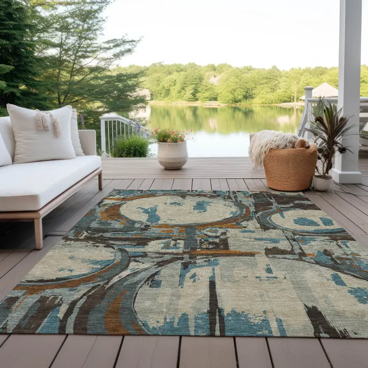 3' X 5' Beige Brown And Copper Geometric Washable Indoor Outdoor Area Rug