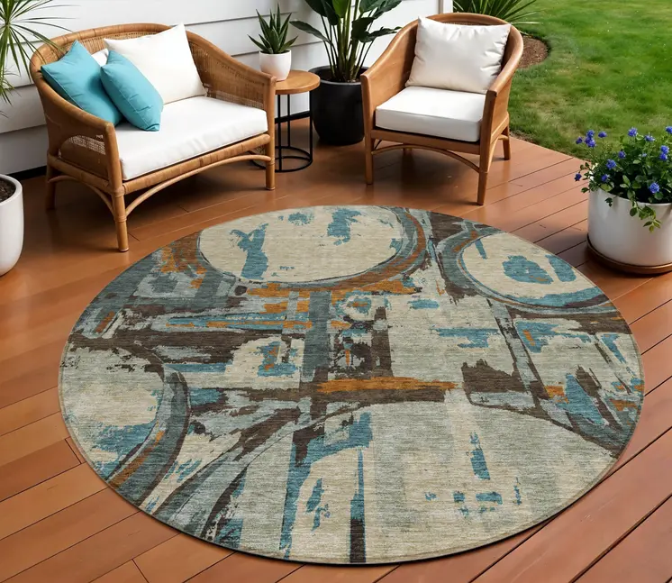 8' Beige Brown And Copper Round Geometric Washable Indoor Outdoor Area Rug