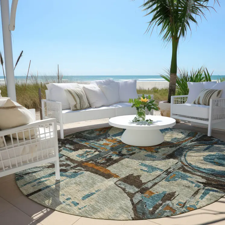 8' Beige Brown And Copper Round Geometric Washable Indoor Outdoor Area Rug