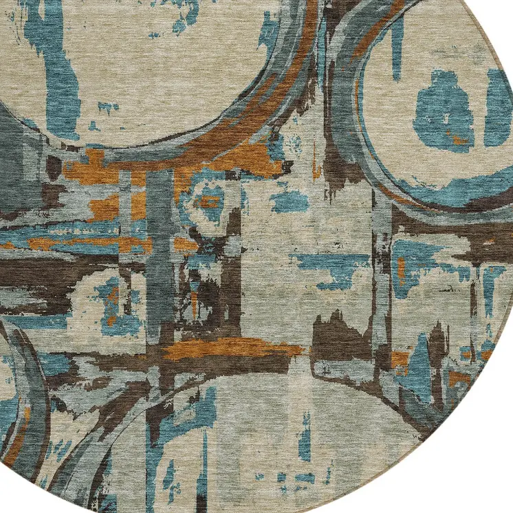 8' Beige Brown And Copper Round Geometric Washable Indoor Outdoor Area Rug