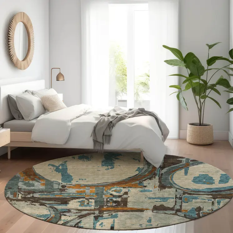 8' Beige Brown And Copper Round Geometric Washable Indoor Outdoor Area Rug