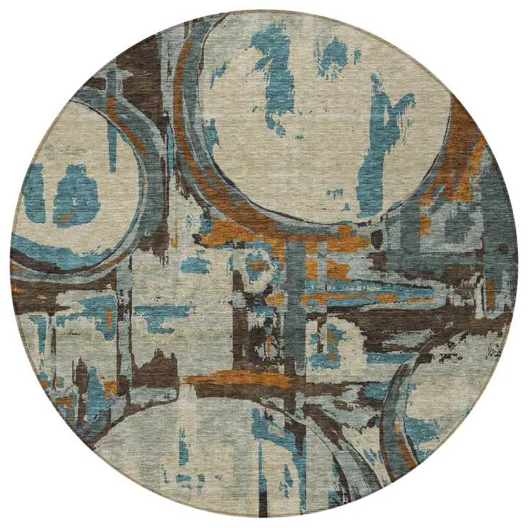 8' Beige Brown And Copper Round Geometric Washable Indoor Outdoor Area Rug