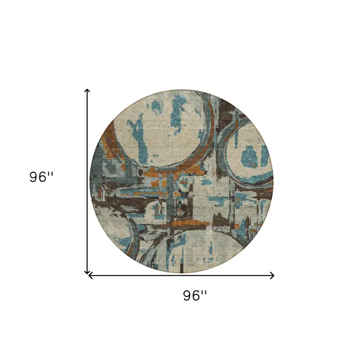8' Beige Brown And Copper Round Geometric Washable Indoor Outdoor Area Rug