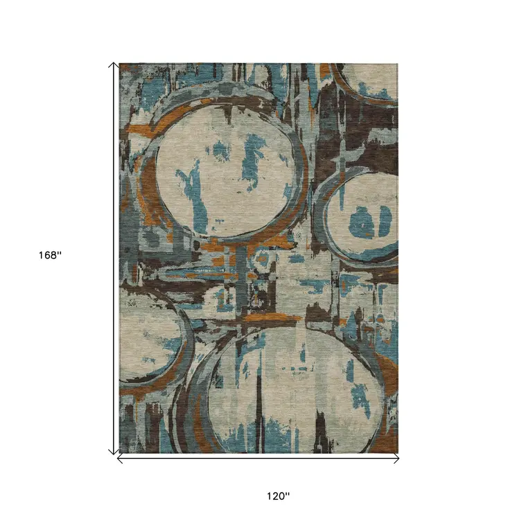 10' X 14' Beige Brown And Copper Geometric Washable Indoor Outdoor Area Rug