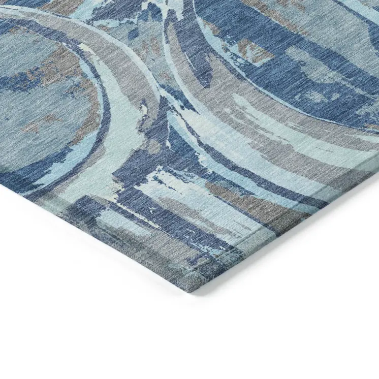 3' X 5' Sky Blue And Denim Blue Geometric Washable Indoor Outdoor Area Rug