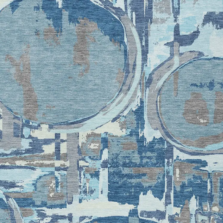 5' X 8' Sky Blue And Denim Blue Geometric Washable Indoor Outdoor Area Rug