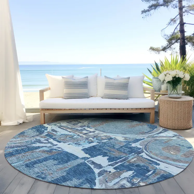 8' Sky Blue And Denim Blue Round Geometric Washable Indoor Outdoor Area Rug