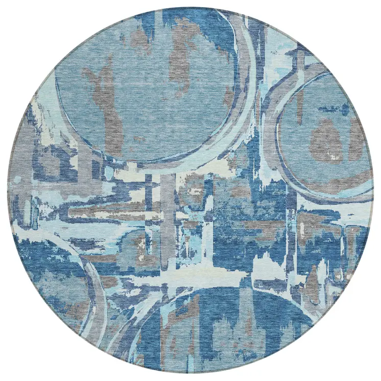 8' Sky Blue And Denim Blue Round Geometric Washable Indoor Outdoor Area Rug