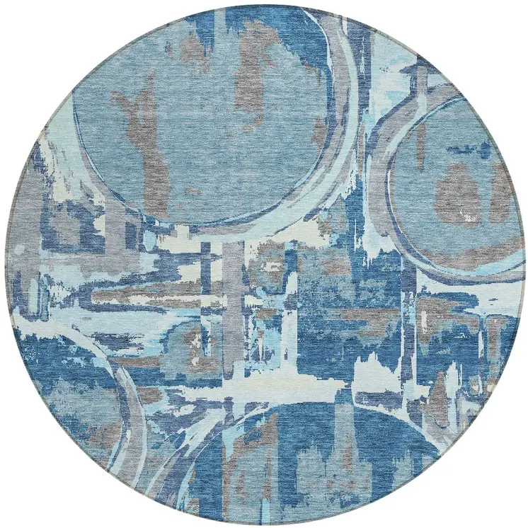 8' Sky Blue And Denim Blue Round Geometric Washable Indoor Outdoor Area Rug
