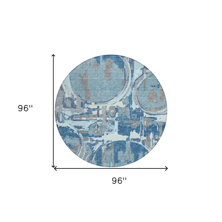 8' Sky Blue And Denim Blue Round Geometric Washable Indoor Outdoor Area Rug