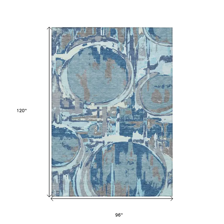 8' X 10' Sky Blue And Denim Blue Geometric Washable Indoor Outdoor Area Rug