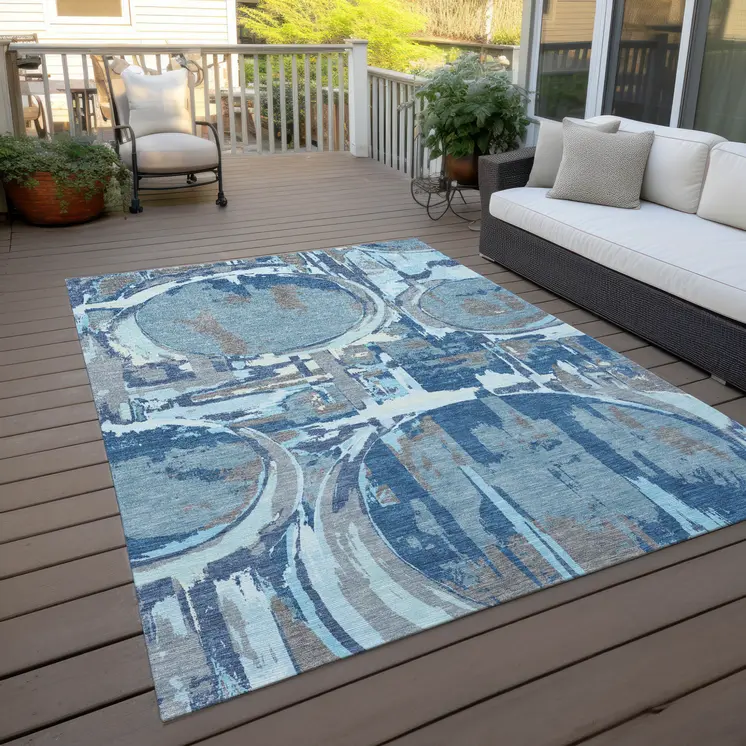 8' X 10' Sky Blue And Denim Blue Geometric Washable Indoor Outdoor Area Rug