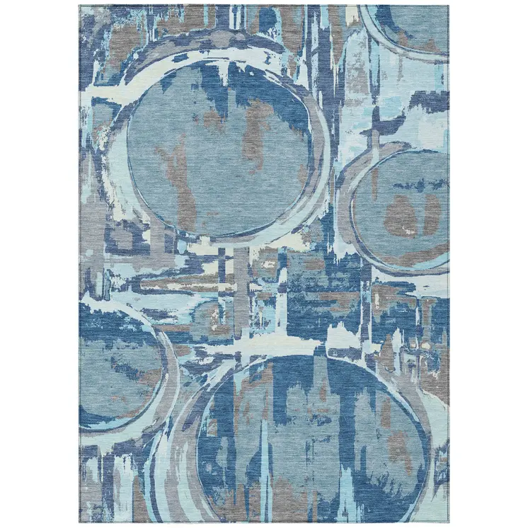 8' X 10' Sky Blue And Denim Blue Geometric Washable Indoor Outdoor Area Rug