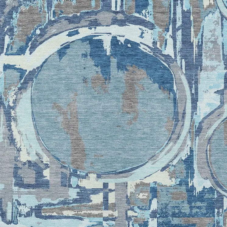 9' X 12' Sky Blue And Denim Blue Geometric Washable Indoor Outdoor Area Rug