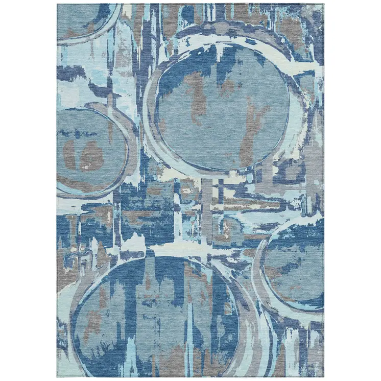 10' X 14' Sky Blue And Denim Blue Geometric Washable Indoor Outdoor Area Rug