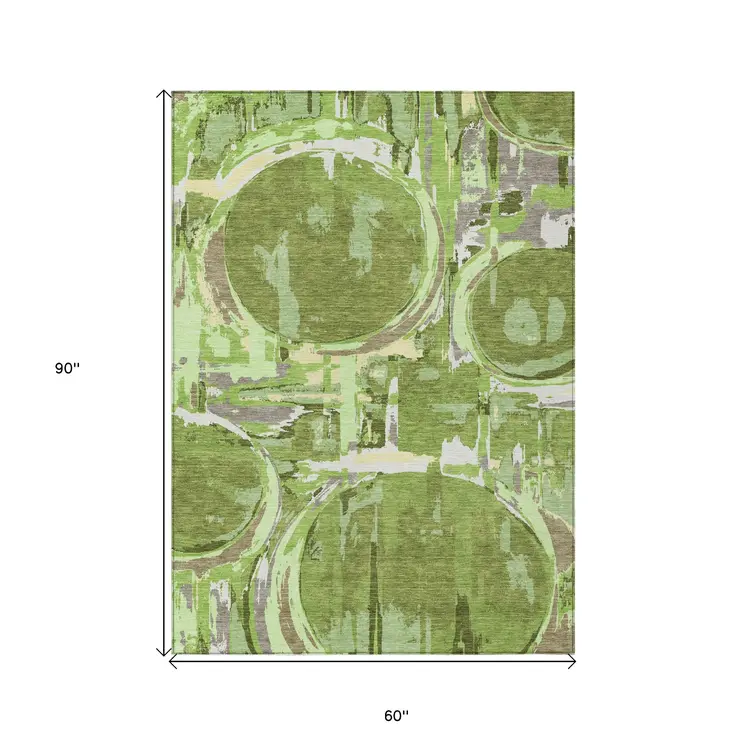 5' X 8' Artichoke Green And Fern Green Geometric Washable Indoor Outdoor Area Rug