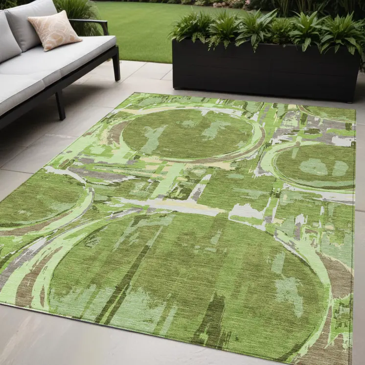 5' X 8' Artichoke Green And Fern Green Geometric Washable Indoor Outdoor Area Rug